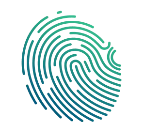 Stylized fingerprint icon composed of green and blue gradient lines on a black background.