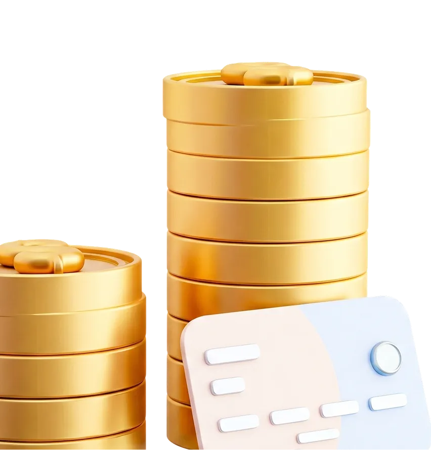 Two stacks of shiny gold coins with a partially visible credit card leaning against the taller stack on the right.