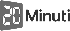 Logo with digital-style number 20 inside a tilted square followed by the word Minuti in bold letters.