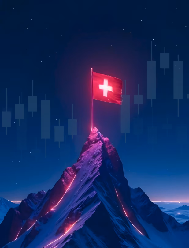 A stylized snowy mountain peak illuminated with purple and pink lights, topped with a glowing Swiss flag under a starry night sky with faint financial chart candlestick patterns in the background.