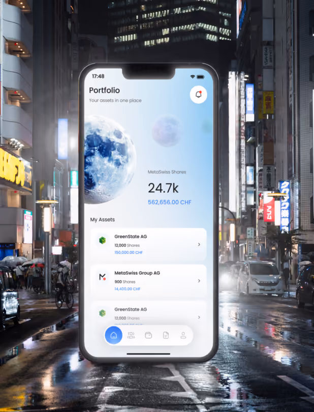Smartphone displaying a portfolio app screen titled 'Portfolio Your assets in one place' showing MetoSwiss Shares with 24.7k shares valued at 562,656 CHF. Below, assets include GreenState AG with 12,000 shares valued at 150,000 CHF and MetoSwiss Group AG with 900 shares valued at 14,400 CHF. The phone is set against a rainy urban night street background with illuminated buildings and wet pavement reflecting lights.