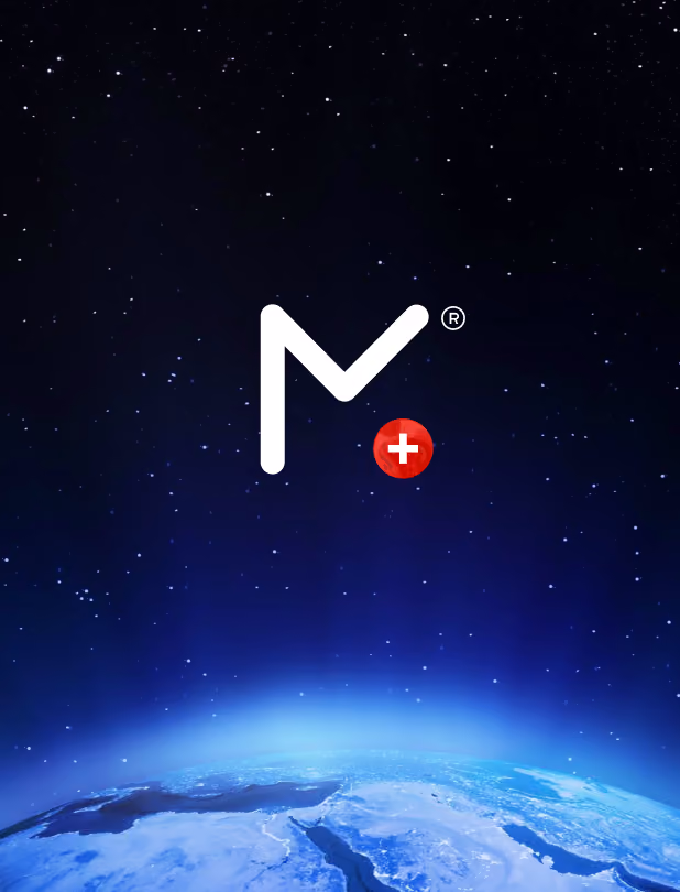 View of Earth from space showing a curved horizon with a blue glow and starry sky above, featuring a white stylized M and a red circle with a white plus sign.