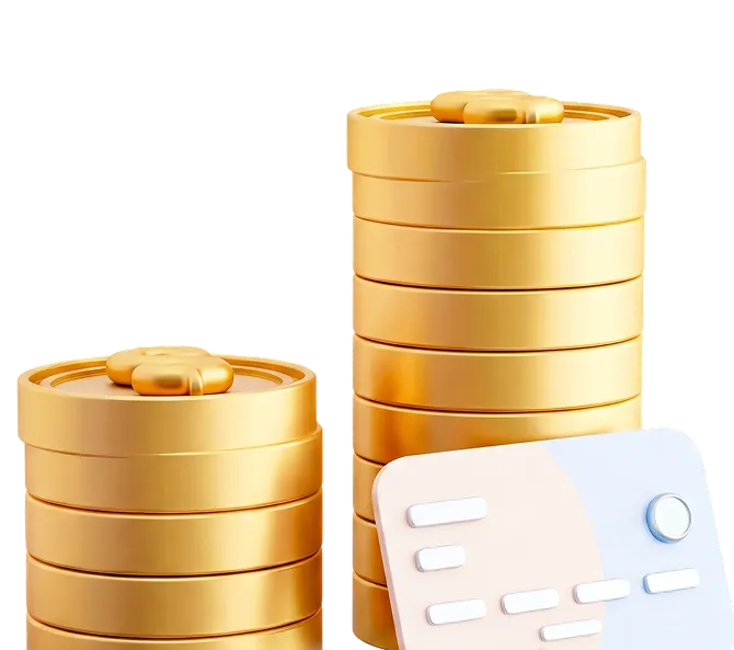 Two stacks of golden coins beside a stylized card with abstract details on a white background.