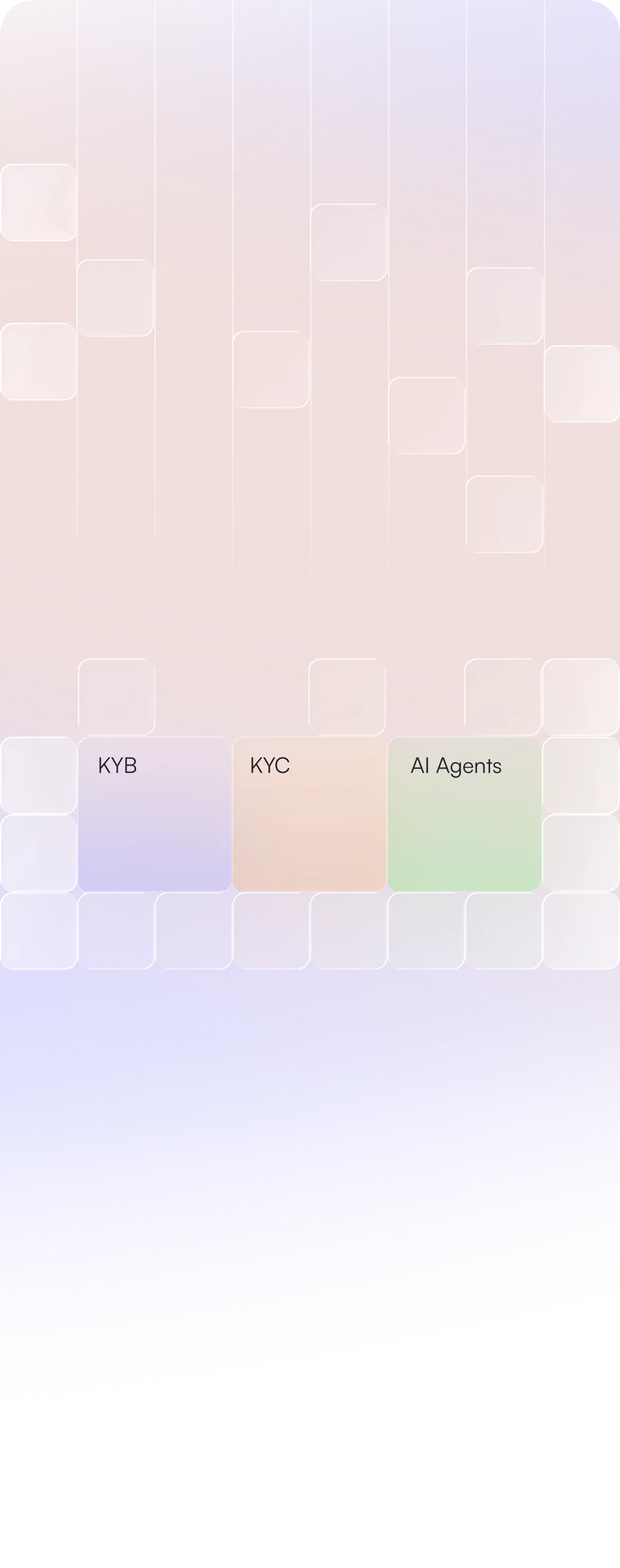 Abstract vertical lines with translucent squares labeled KYB, KYC, and AI Agents over a gradient background from pink to blue.