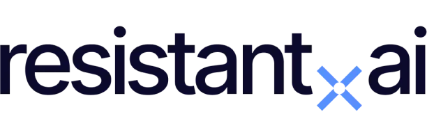 Logo with the word 'resistant.ai' in lowercase, featuring a blue stylized 'x' between 'resistant' and 'ai'.