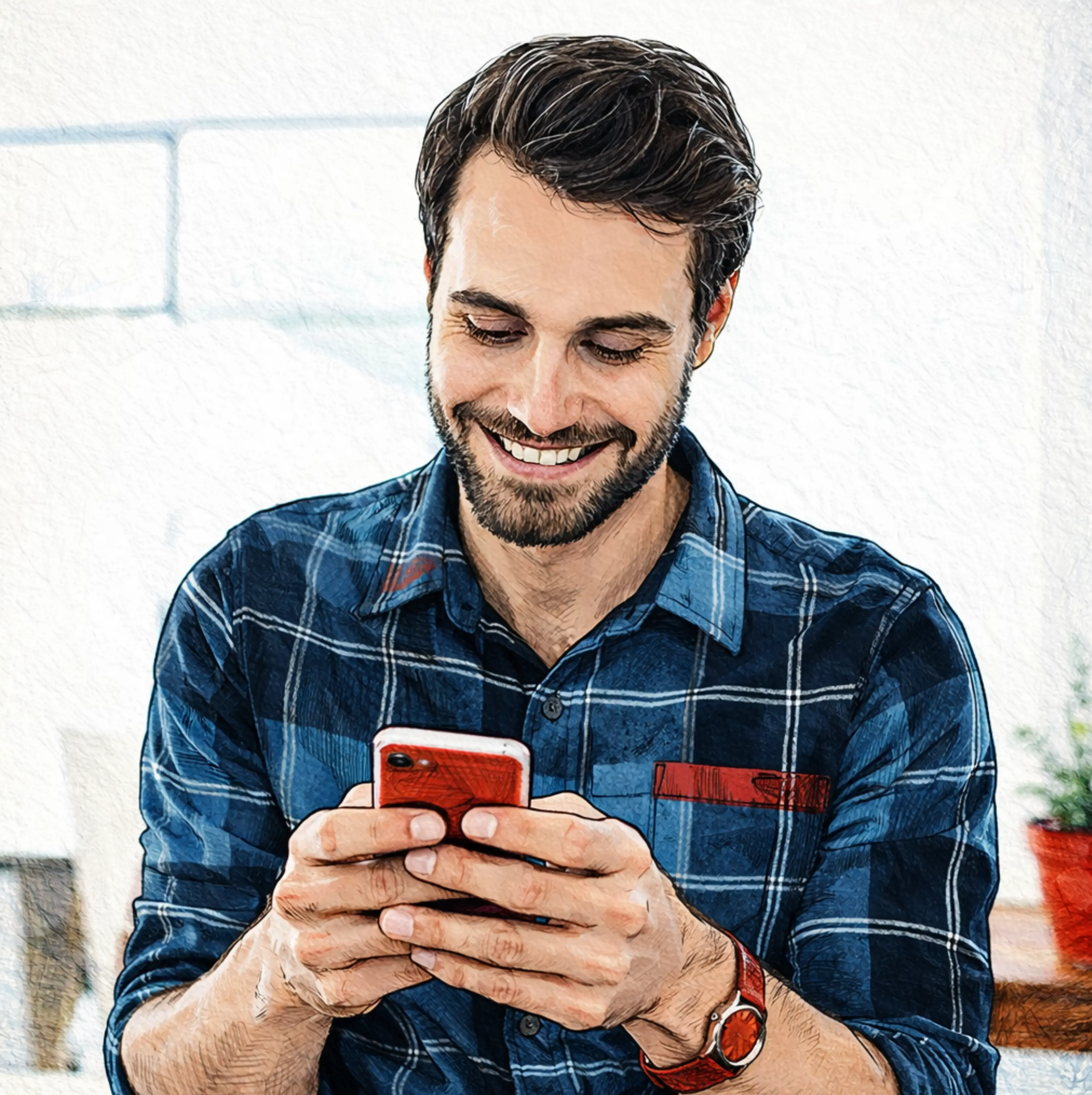 Zadowolony mężczyzna z telefonem – wygoda płatności dzięki PejKarcie