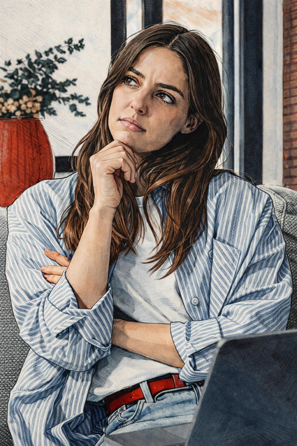 Zamyślona kobieta siedząca w fotelu – czy pożyczka gotówkowa to dobry wybór?