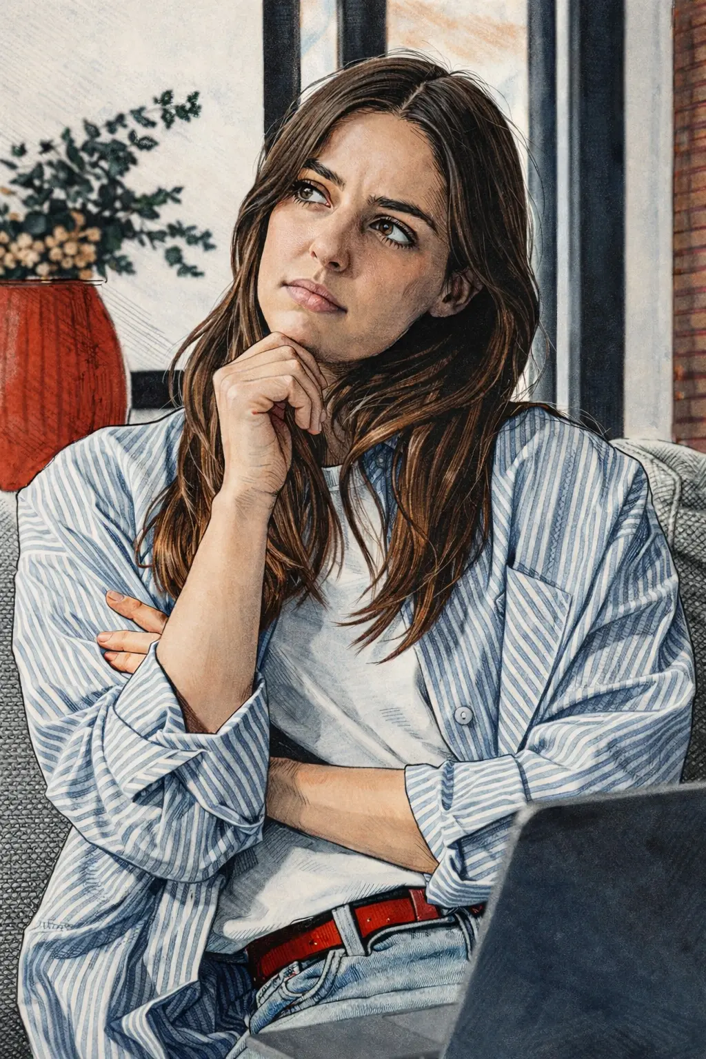 Zamyślona kobieta przed laptopem – rozważanie, czy chwilówka to dobre rozwiązanie