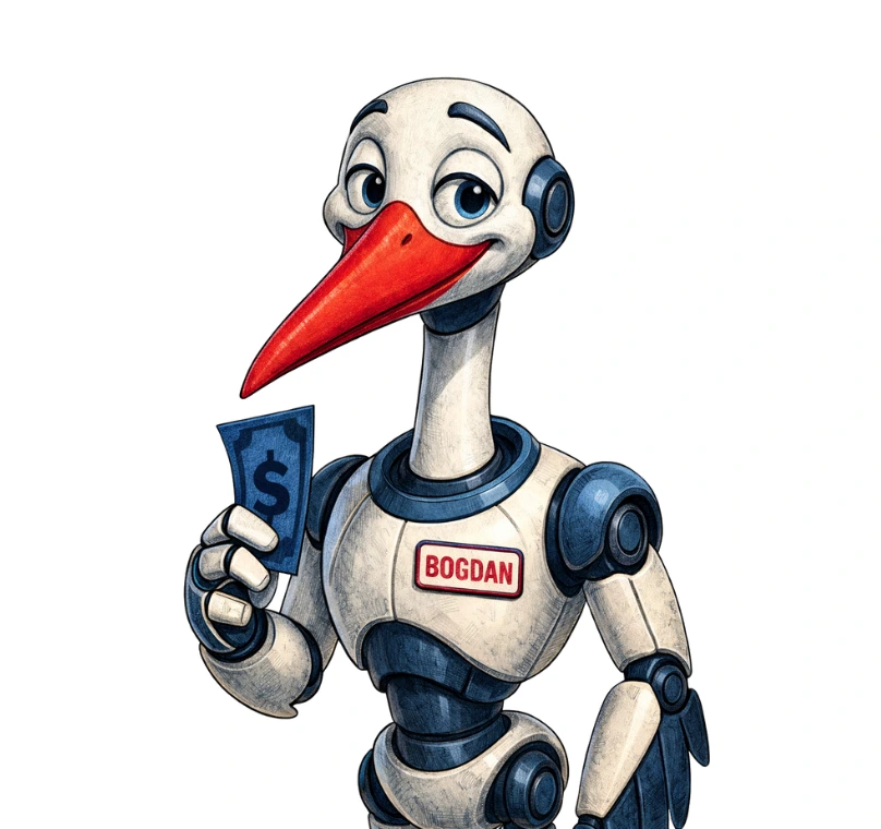 Bocian robot trzymający w ręku banknot