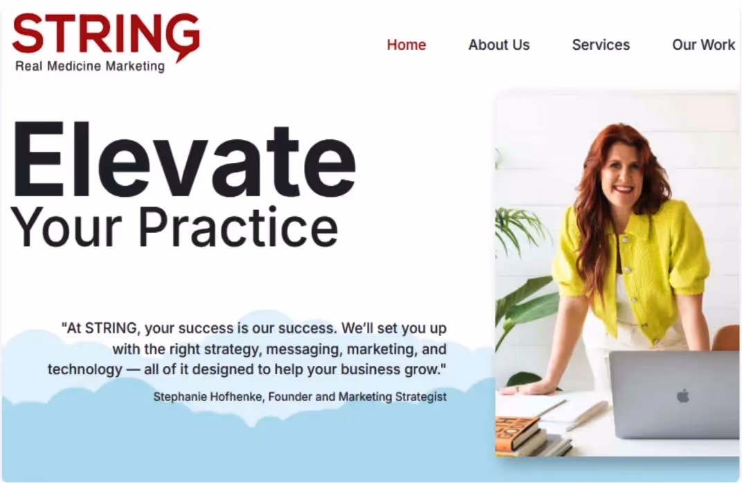 Motion.io Customer Case Study for String Marketing. Image shows a screenshot of String Marketing's website homepage.