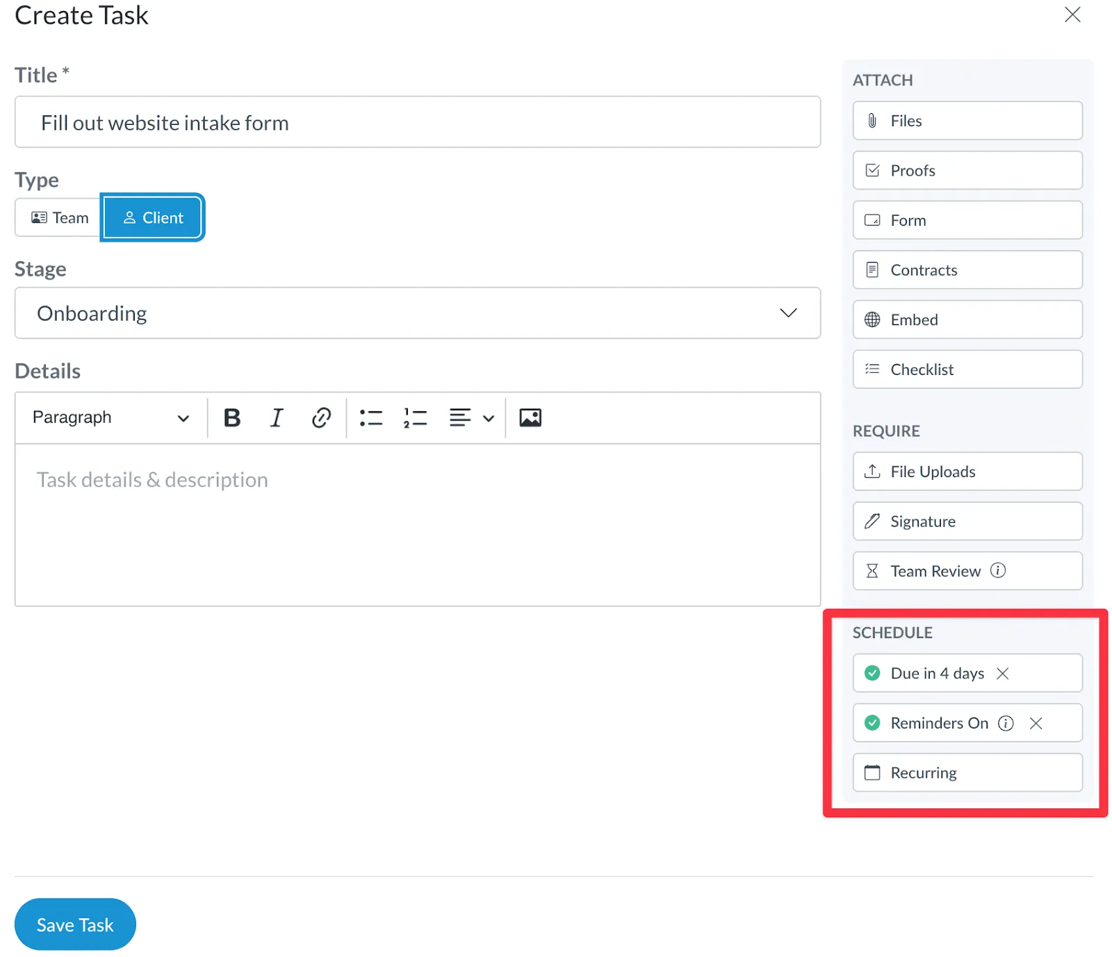 Task due date and automatic reminder settings in Motion.io