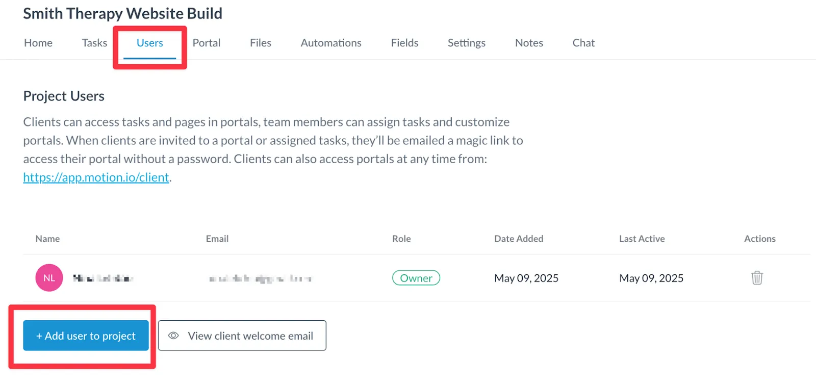 Adding a client to a project in Motion.io