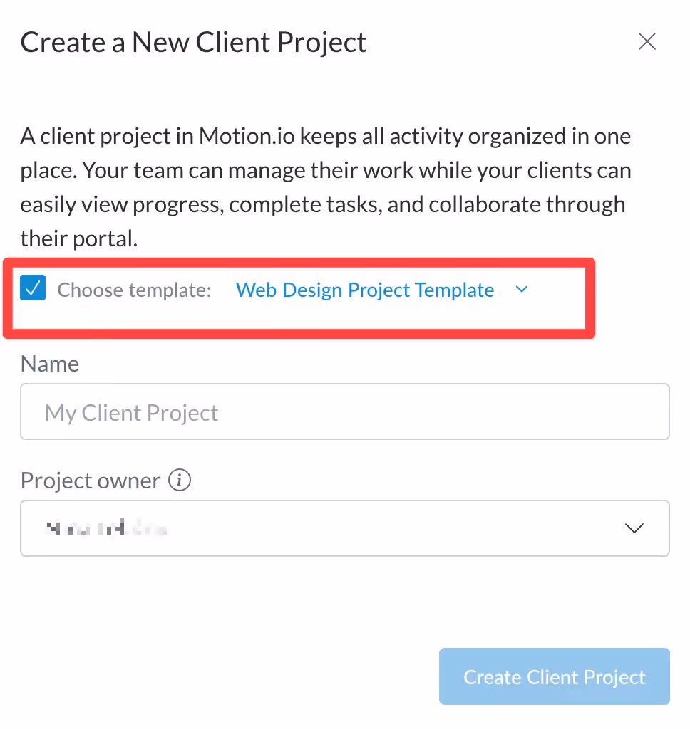 Selecting a template to create a new project in Motion.io