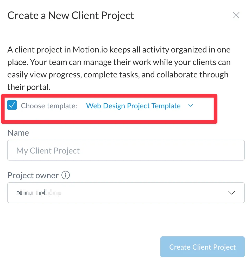 Selecting a template to create a new project in Motion.io