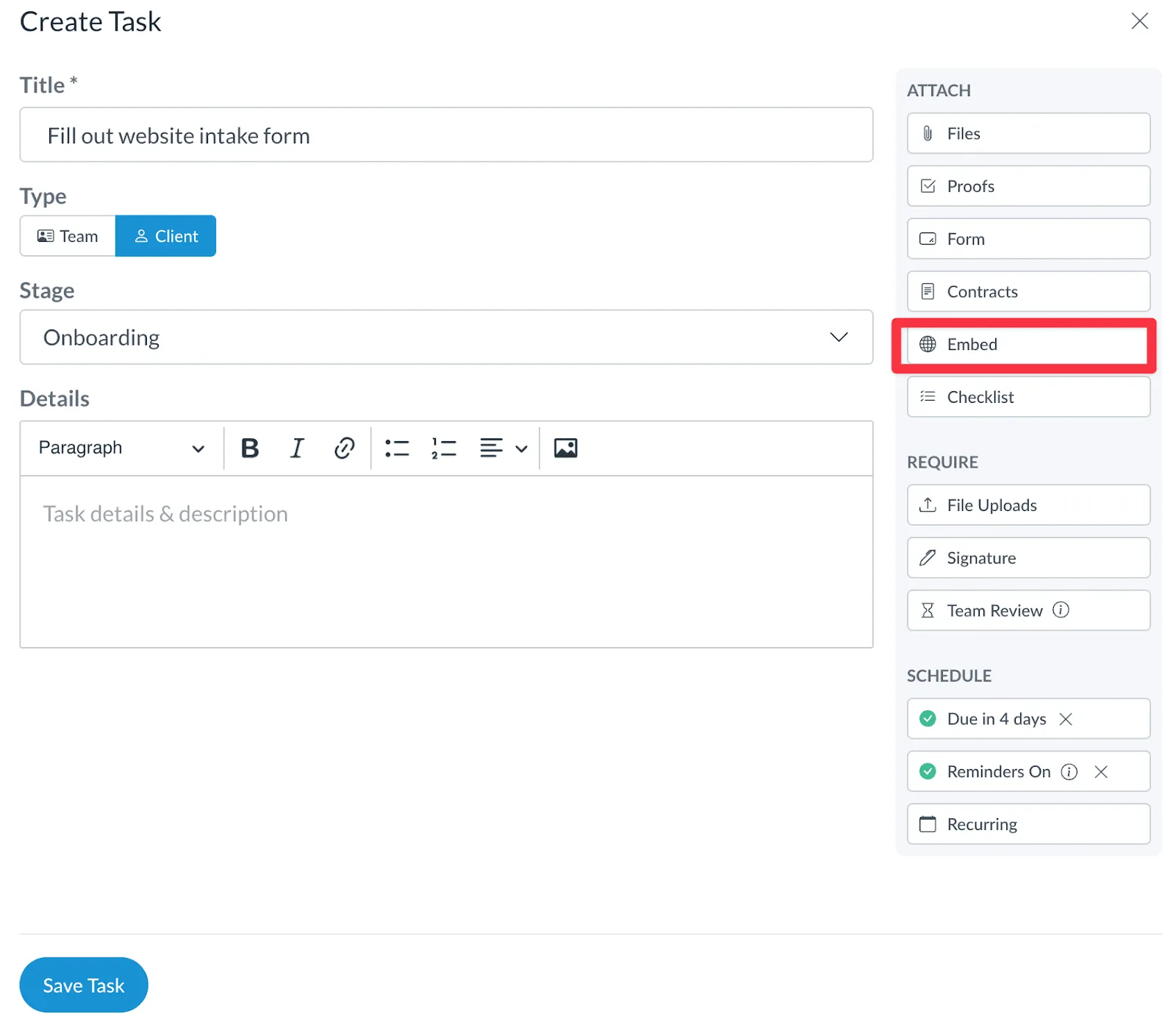 Embedding a link in a task in Motion.io
