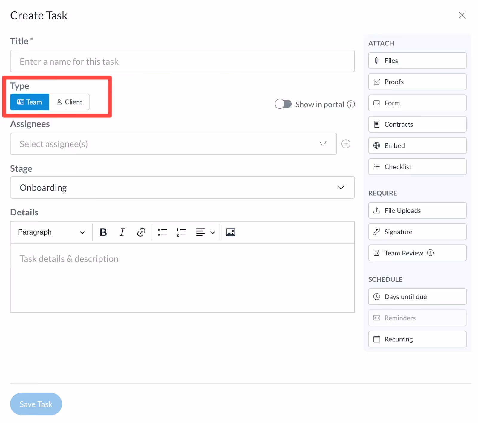 Team and client tasks in Motion.io