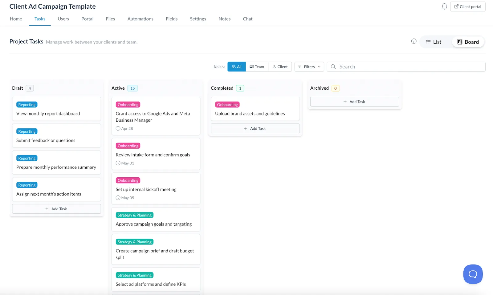 Client project in Motion.io with tasks and stages