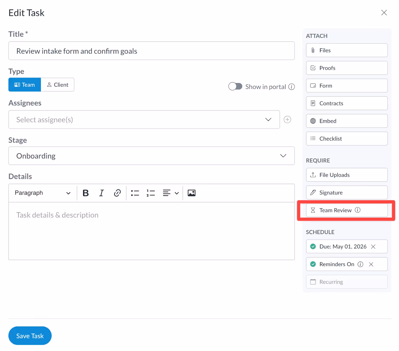 Enabling team review for a task in Motion.io