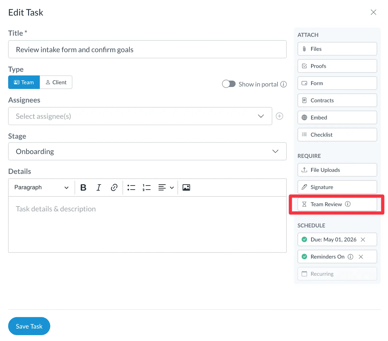 Enabling team review for a task in Motion.io 