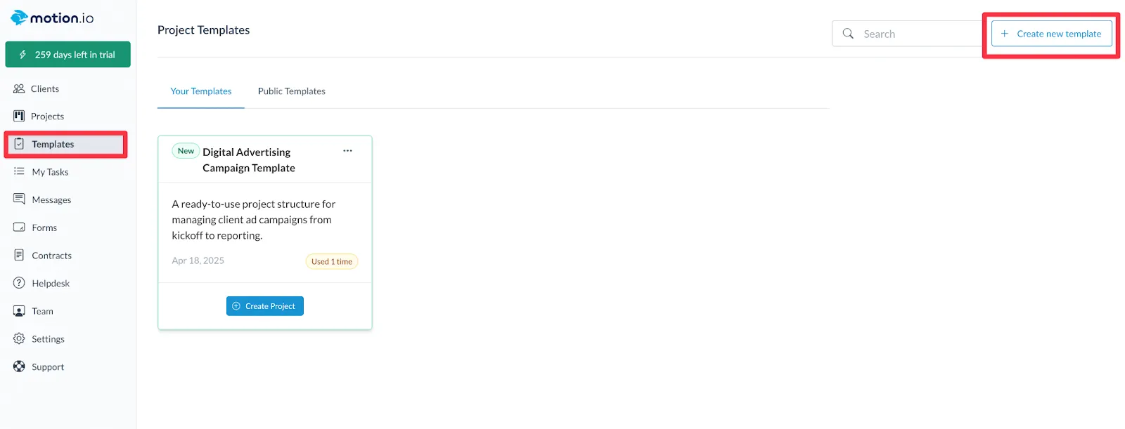 Creating a new template in Motion.io