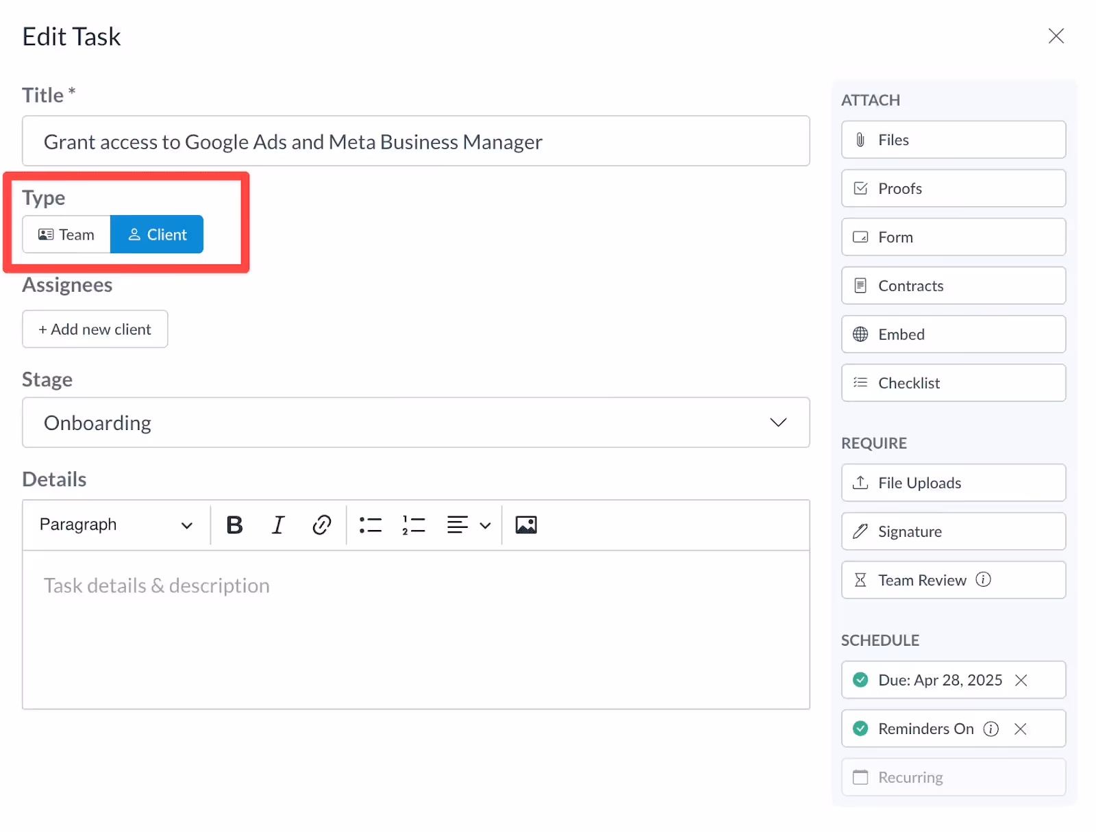 Selecting task type for team or client in Motion.io