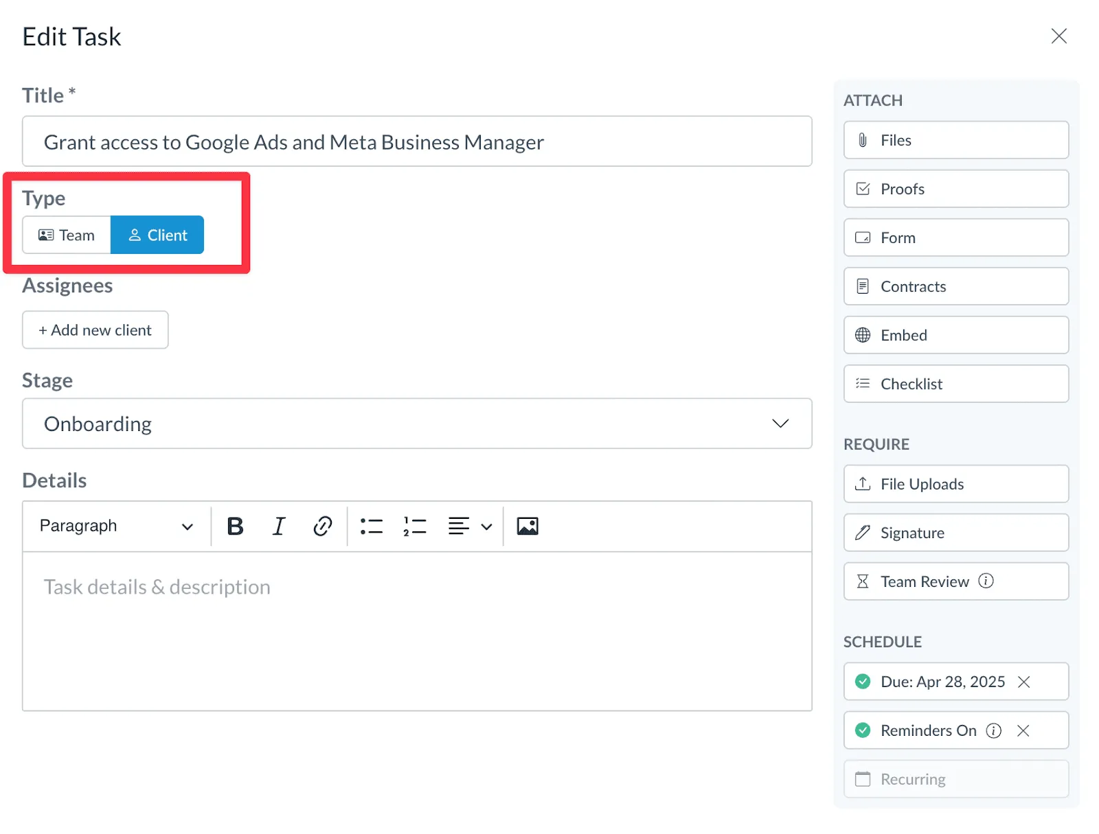 Selecting task type for team or client in Motion.io