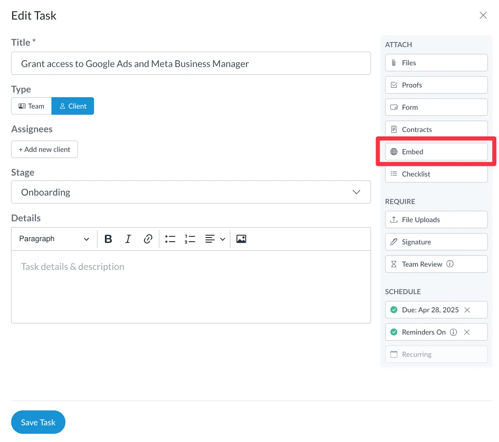 Embedding a live link in a Motion.io task using the Embed option