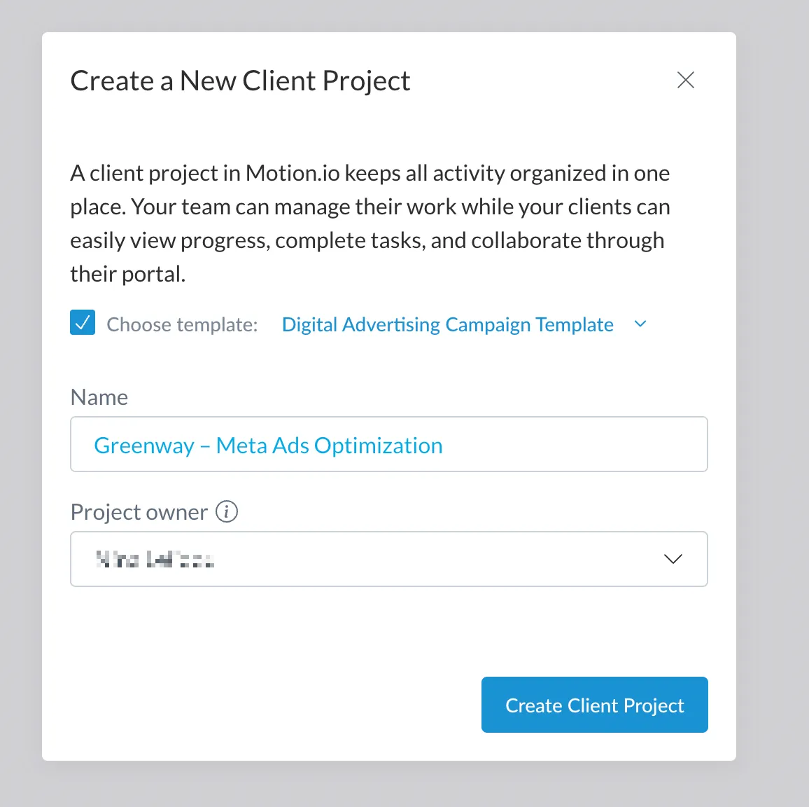 Naming a new client project during project setup in Motion.io