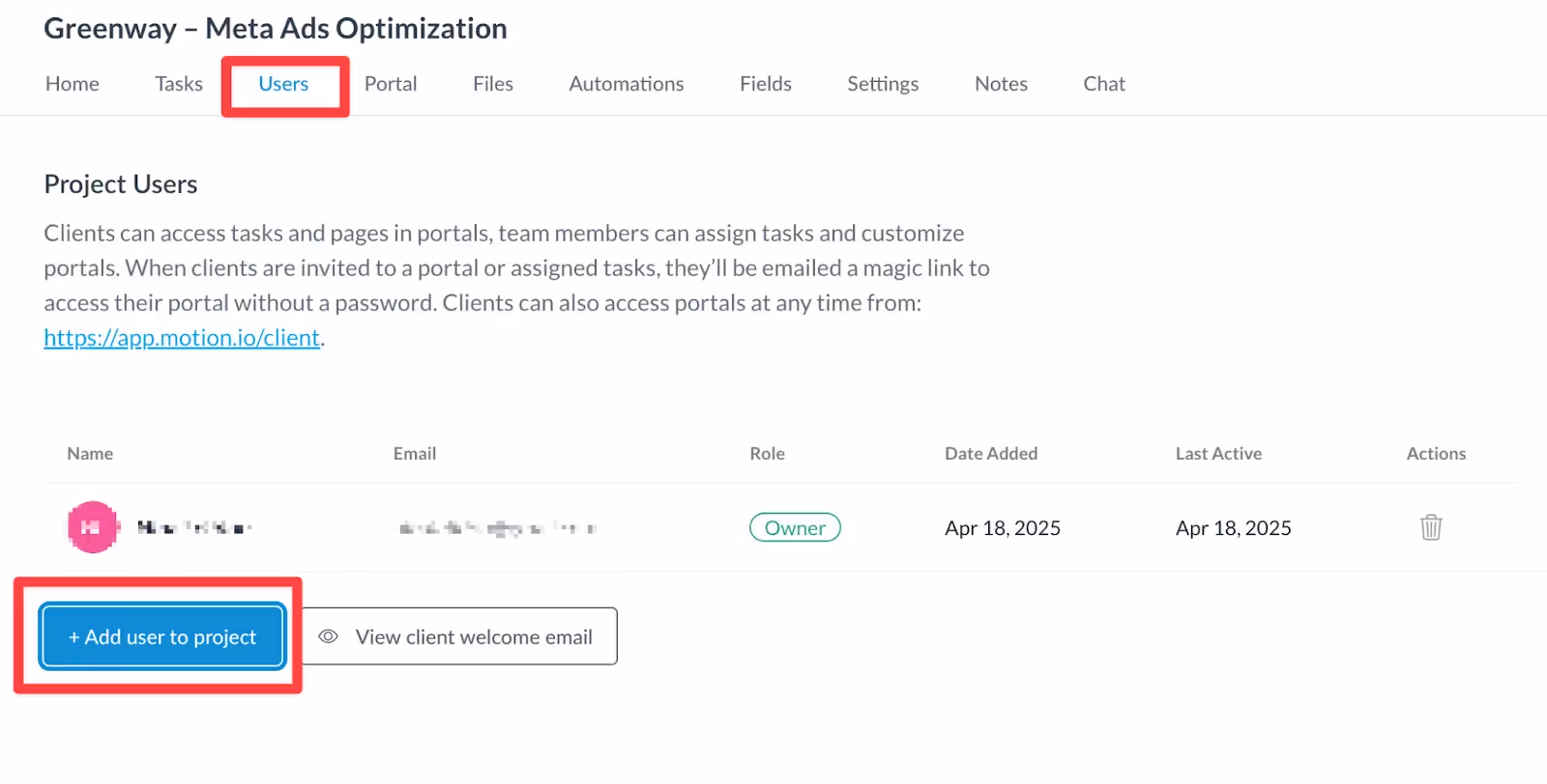 Inviting a client to a project through the Users tab in Motion.io