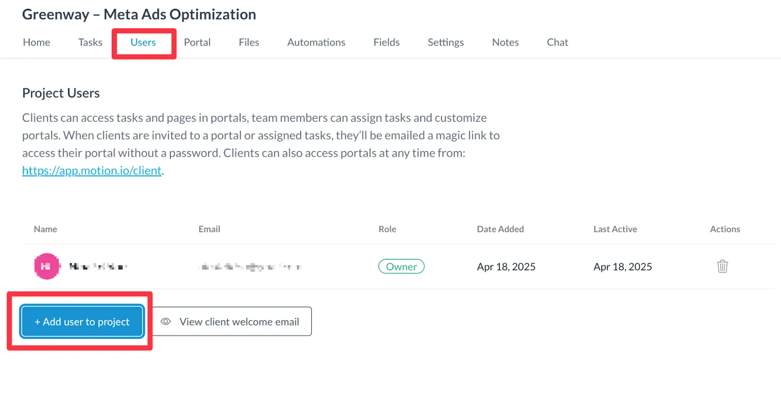 Inviting a client to a project through the Users tab in Motion.io