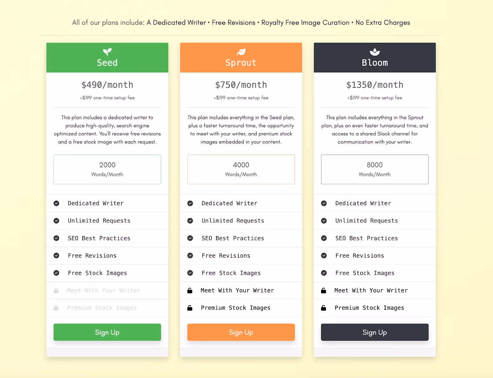 Content Cucumber’s pricing page with tiered plans