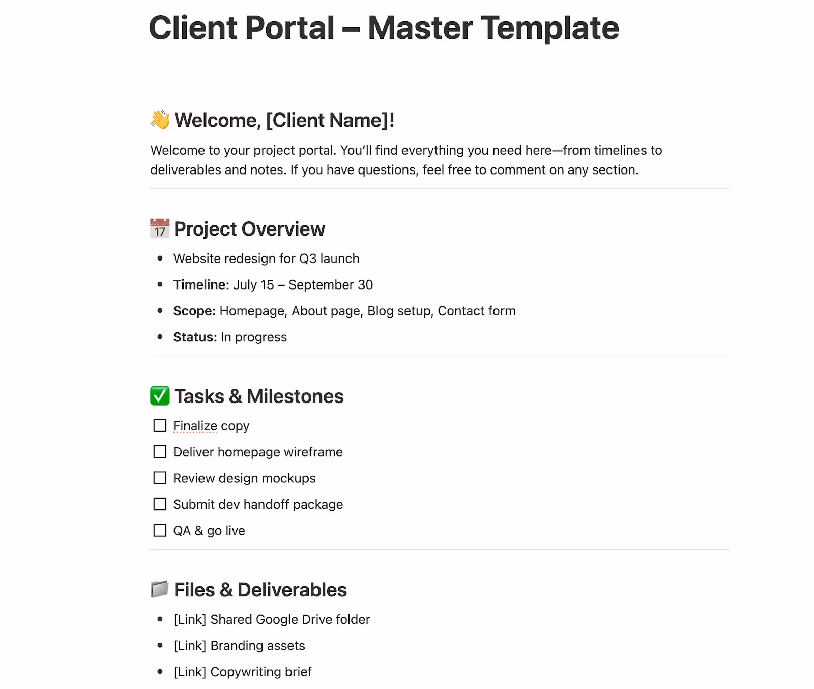 Designing the master client portal layout in Notion