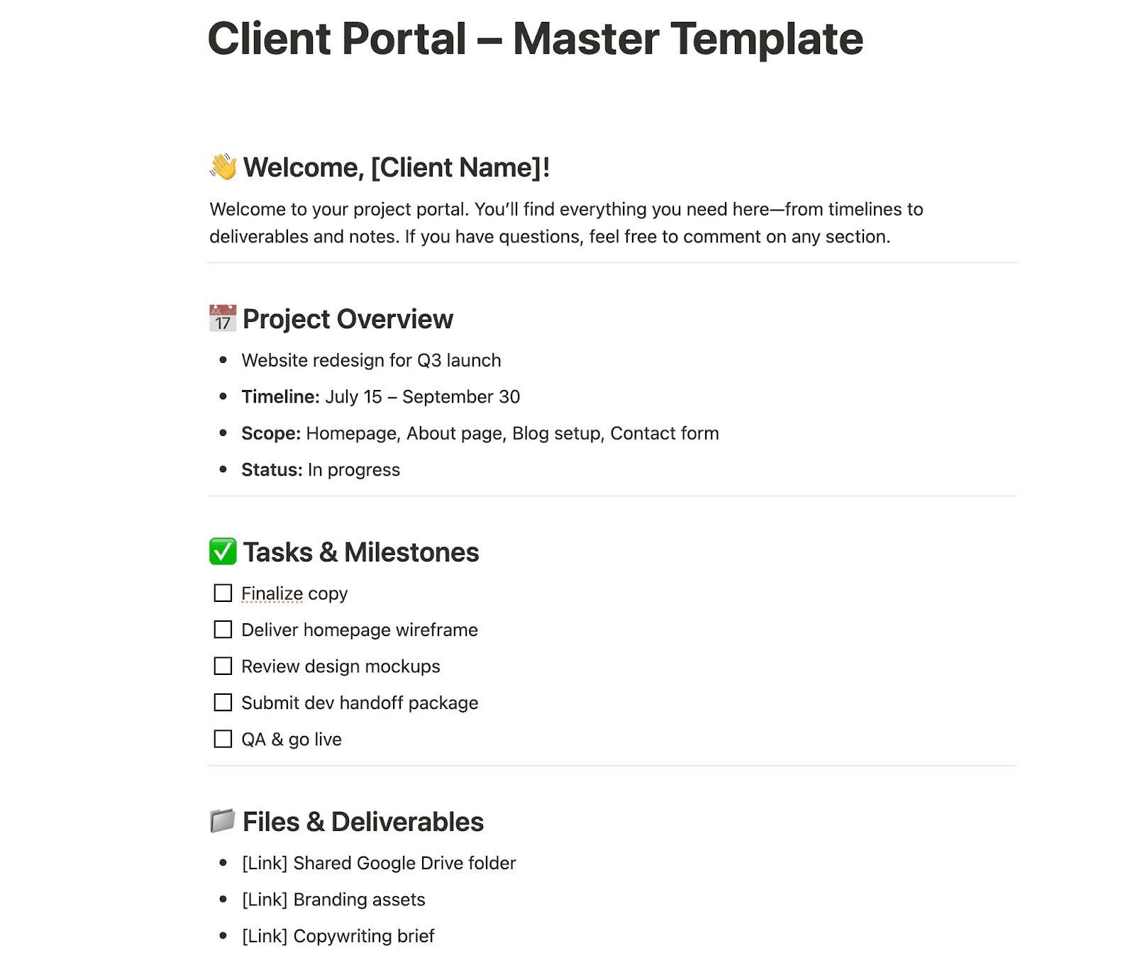 Designing the master client portal layout in Notion
