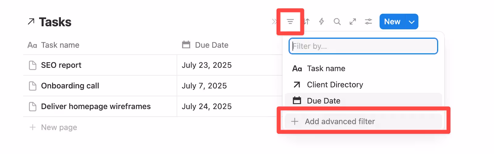 Add an advanced filter to show only tasks related to the selected client