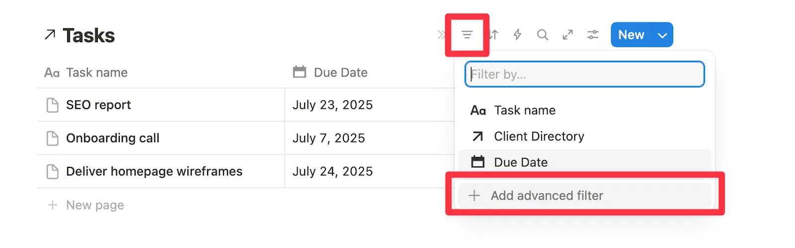 Add an advanced filter to show only tasks related to the selected client