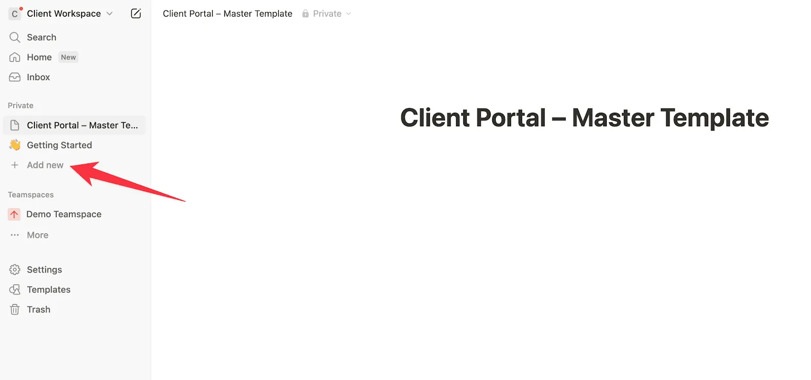 Clicking ‘Add new’ to create a Notion page