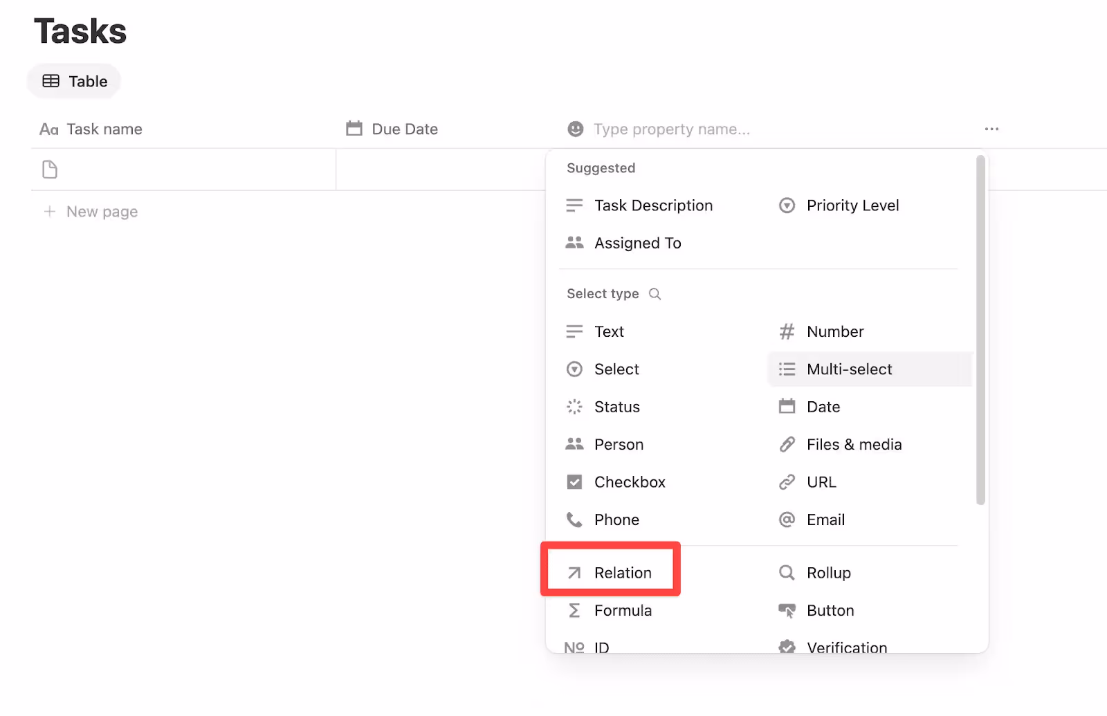 Add a Relation property in Notion to connect the Tasks database to the Client Directory