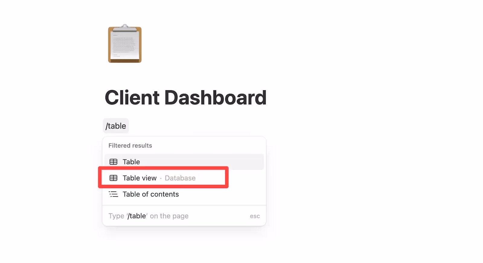 Create a table database in Notion using the slash command