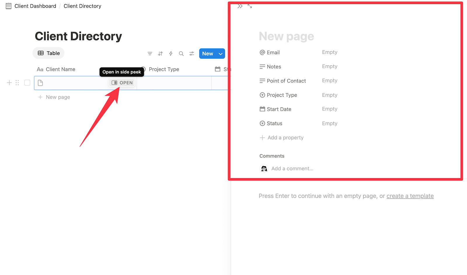 Open a client page from your database to add detailed content