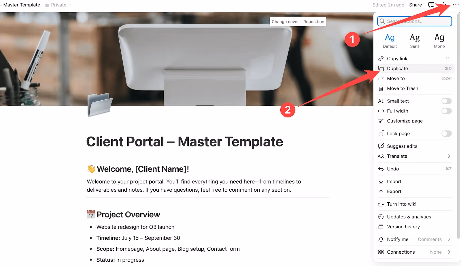 Duplicate client portal page using the three-dot menu