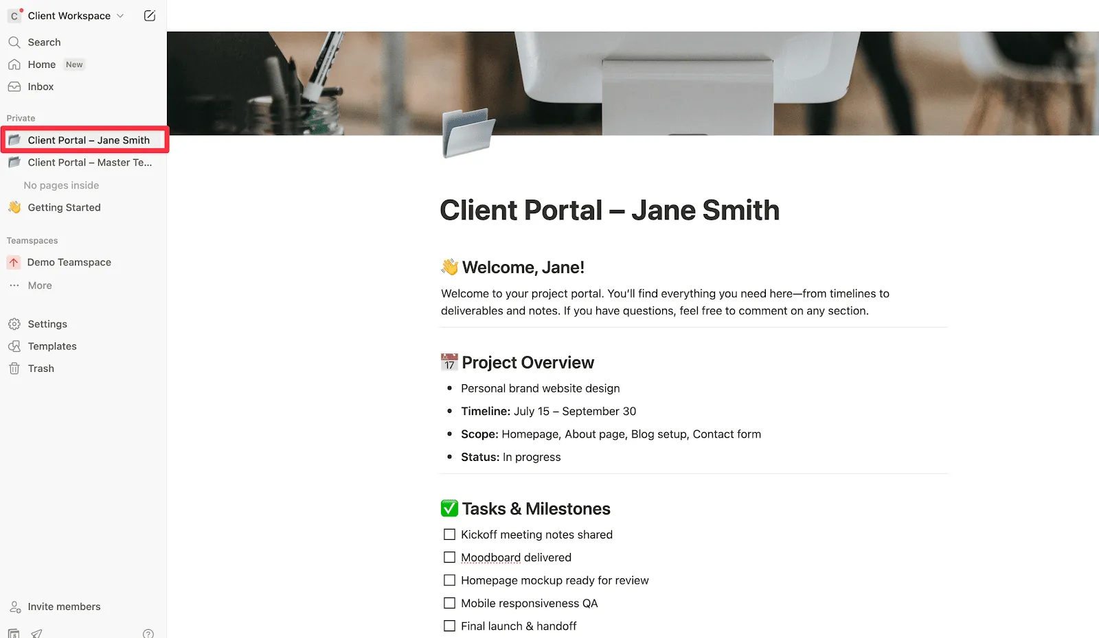 Customize the duplicated Notion page for a specific client