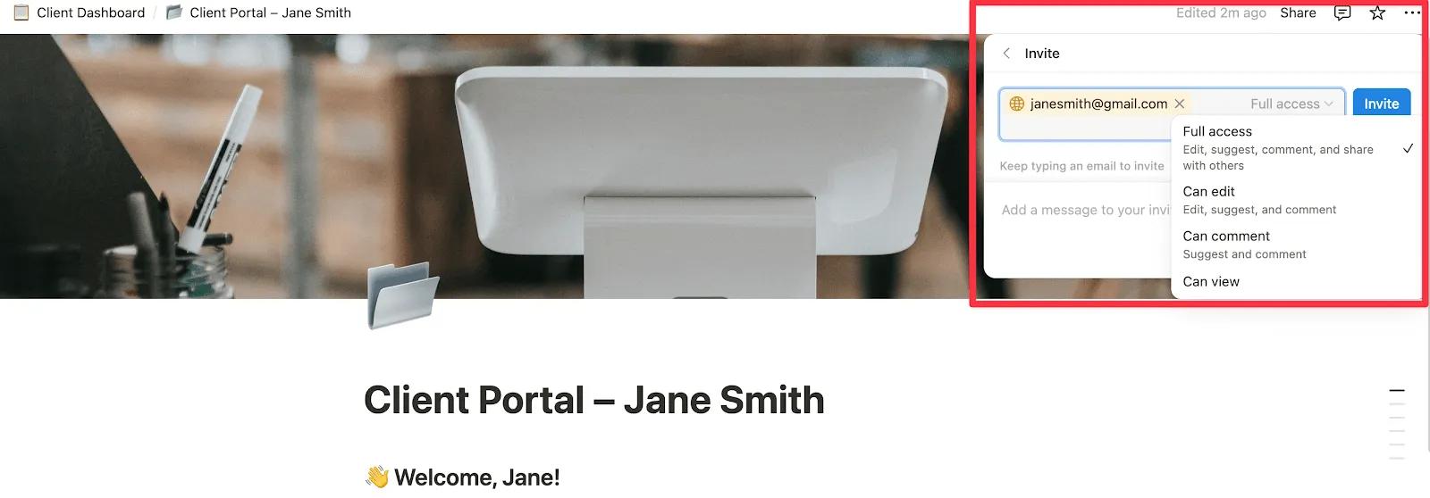 Invite clients directly to their Notion portal