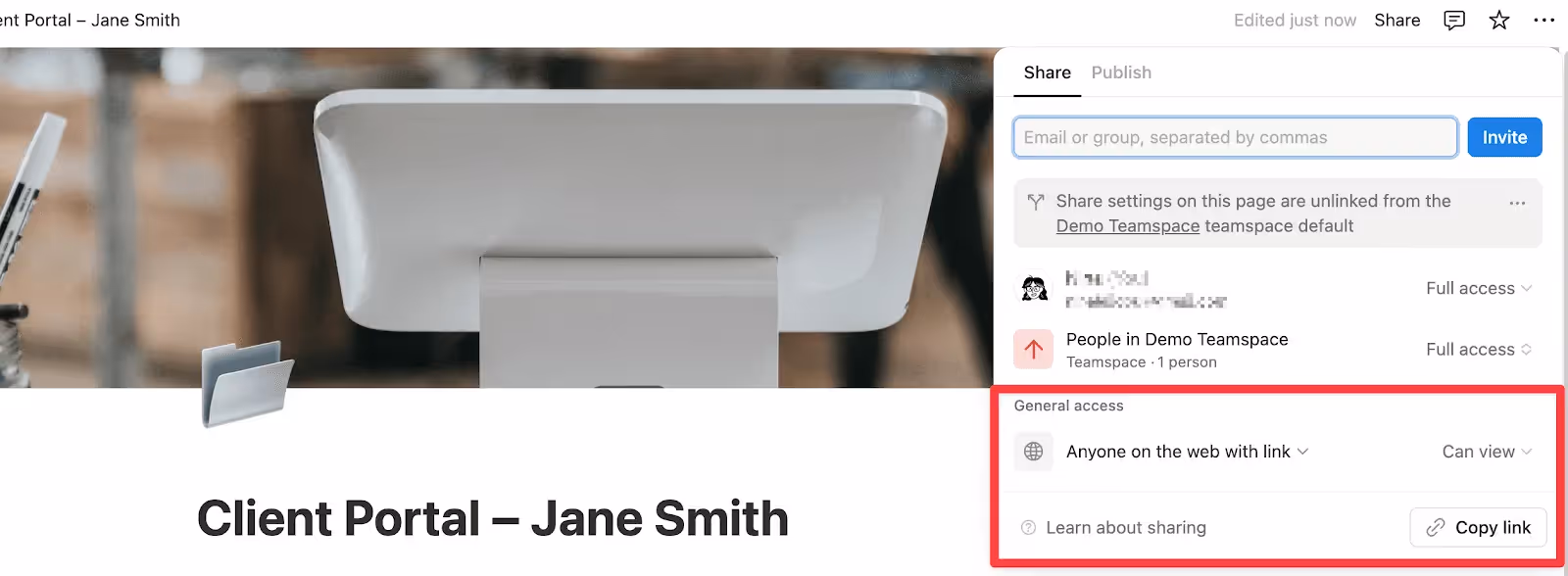 Share a client portal link with view or comment access