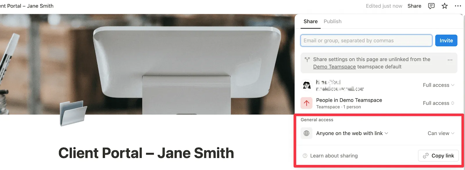 Share a client portal link with view or comment access