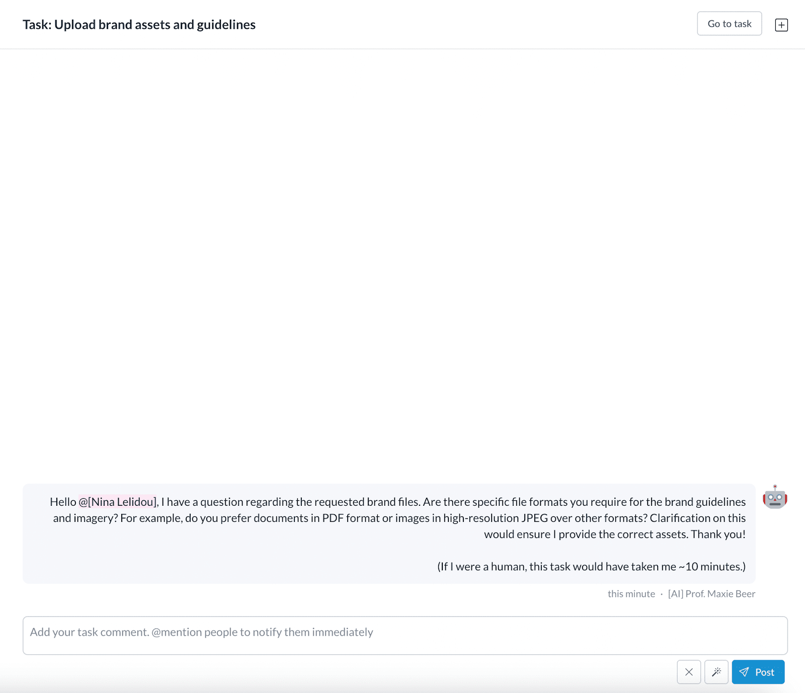Simulated AI client leaving a comment in a Motion.io task