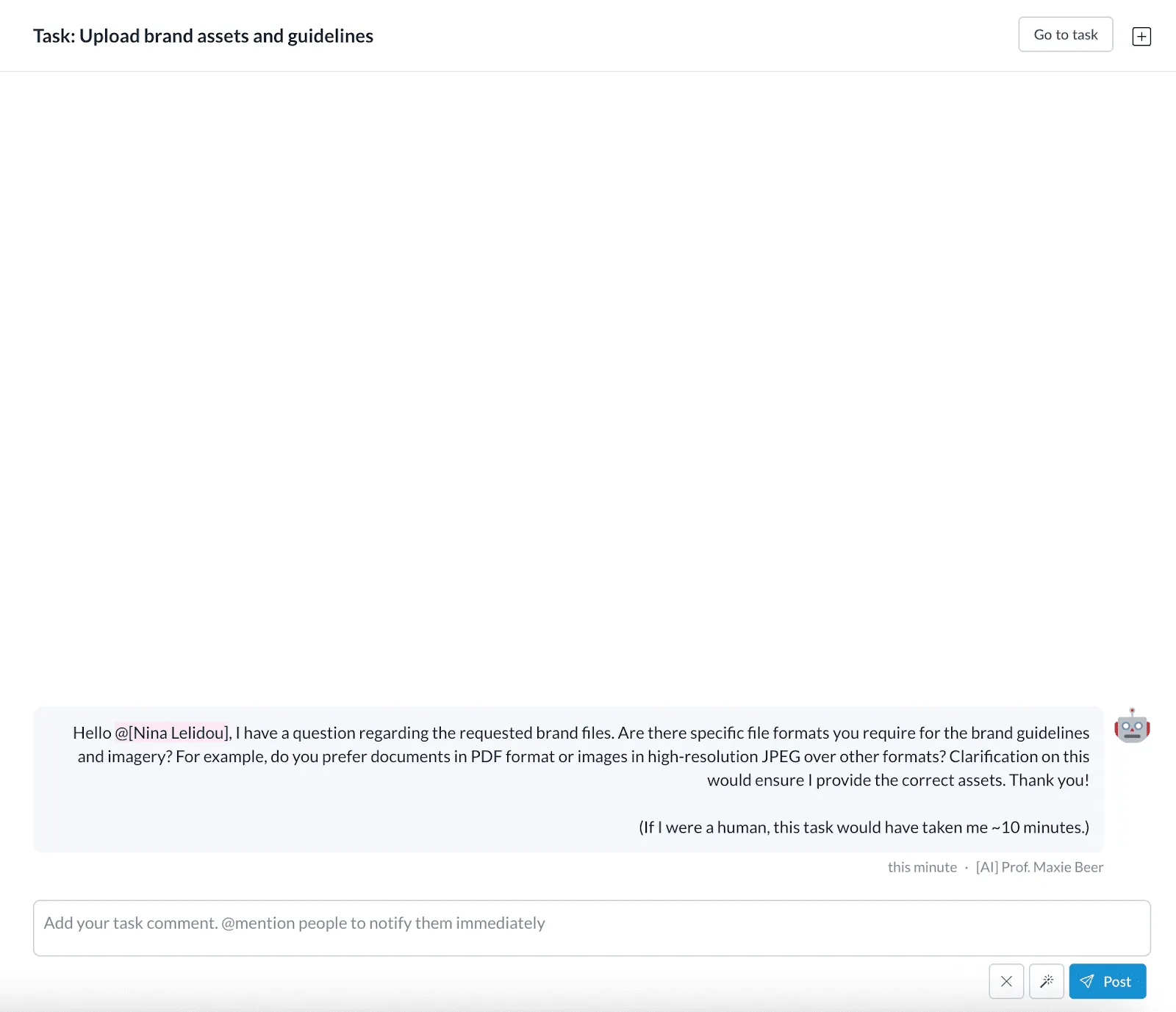 Simulated AI client leaving a comment in a Motion.io task