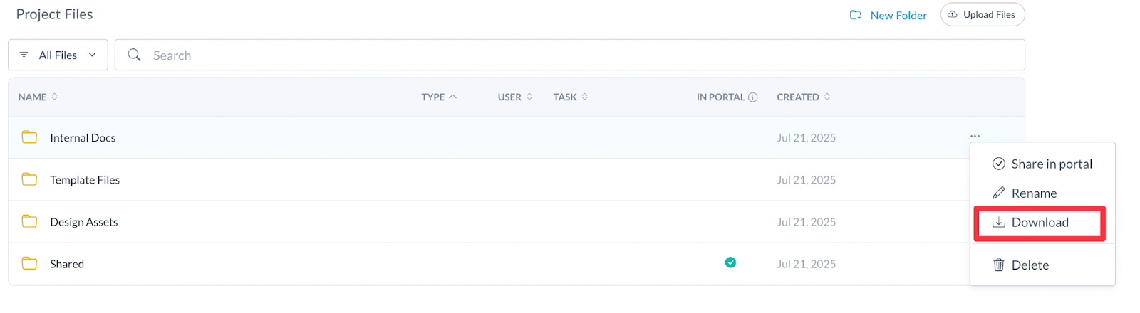 Download option for a folder in Motion.io’s Files Manager