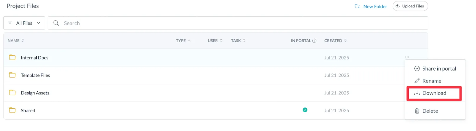 Download option for a folder in Motion.io’s Files Manager