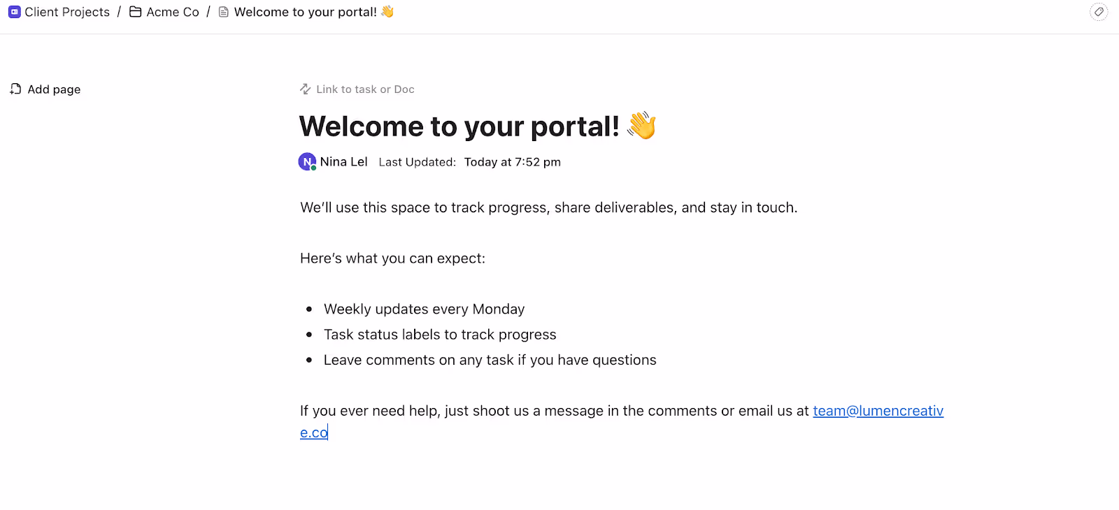 Example of a client-facing welcome message inside a ClickUp Doc