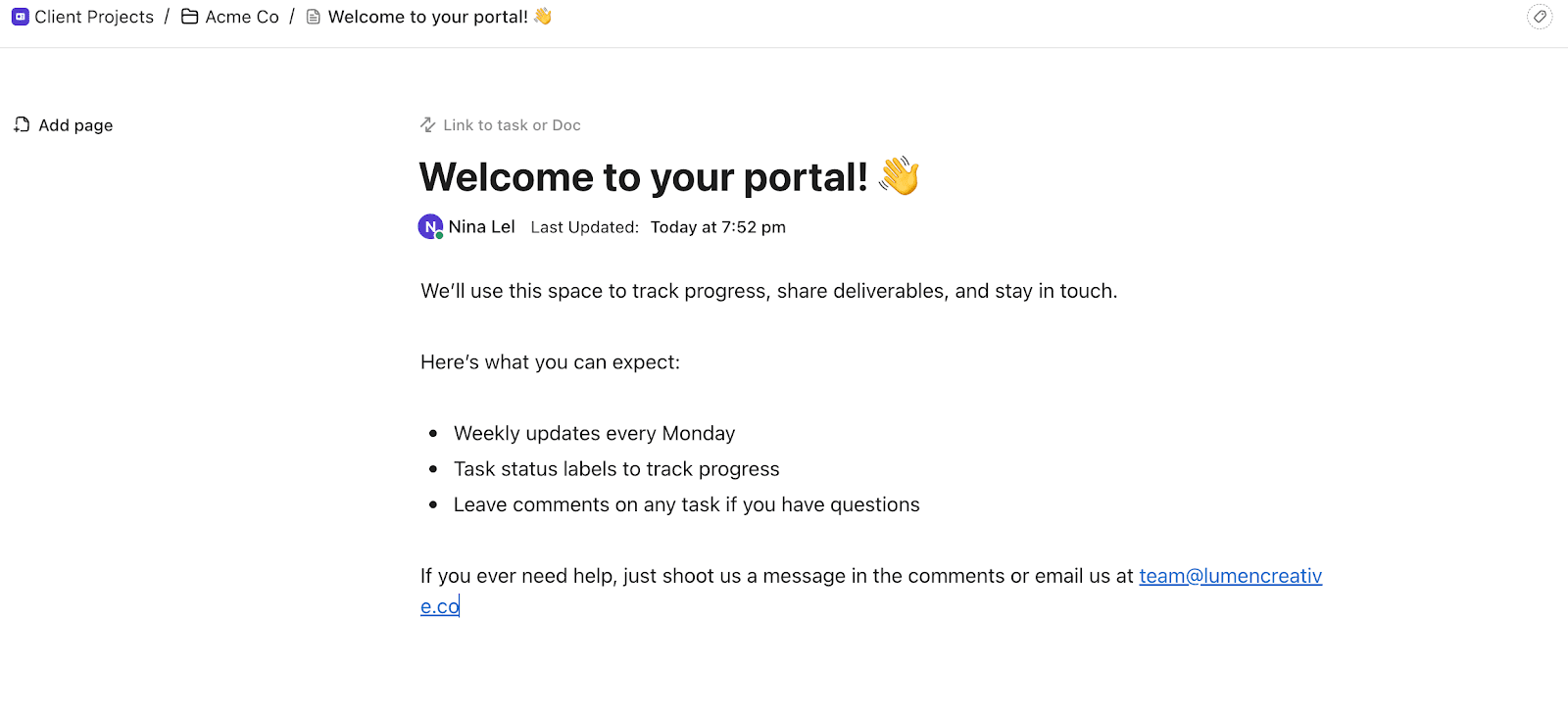 Example of a client-facing welcome message inside a ClickUp Doc